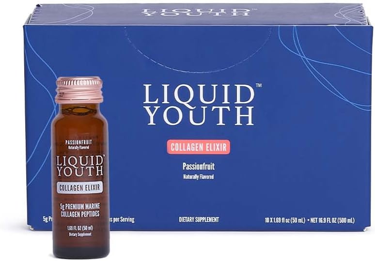 Liquid Collageen Elixir Shot for Women & Men - Premium Liquid Marine Collages for Hair Growth, Skin, Nail, Bone & Joint Health - Travel-Friendly (Passion Fruit, 10 porties per doos)