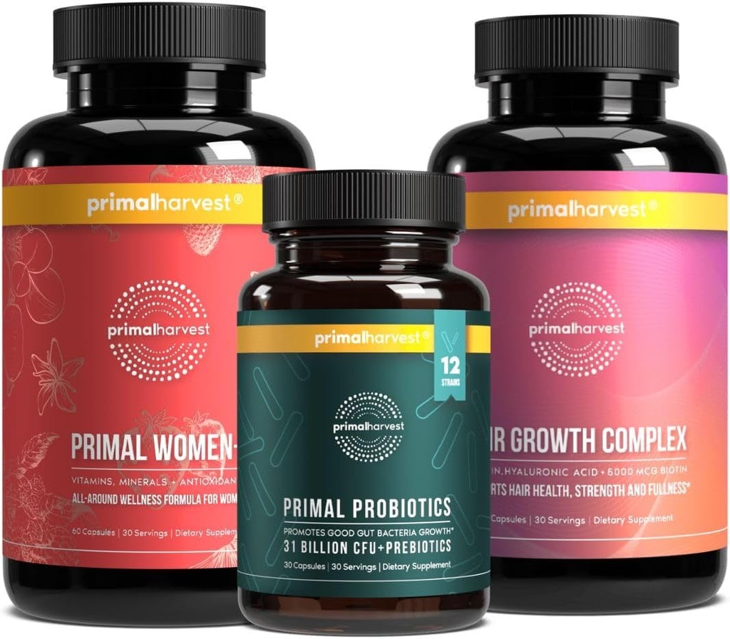 Primal Harvest Women’s Bundle – 30 Day Supply: Women’s+ Multivitamin, Primal Hair Support, and Primal Probiotic for Women's Health and Vitality