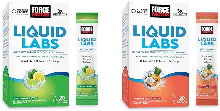 Bundel van FORCE FACTOR Liquid Labs Electrolytes Powder, Hydration Packets te maken Electrolyte Water met vitamines, mineralen en antioxidanten. Lemon-Lime smaak + Tropische fruit smaak, 40 Stick Packs