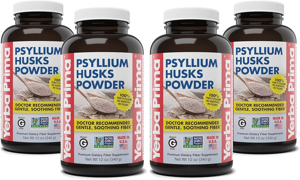 Yerba Prima Psyllium Husks Powder - 12 oz (Pack of 4) - Natural Fiber Supplement - Colon Cleanse - Gut Health - Vegan, Non-GMO, Gluten-Free (New Label - Packaging May Vary)