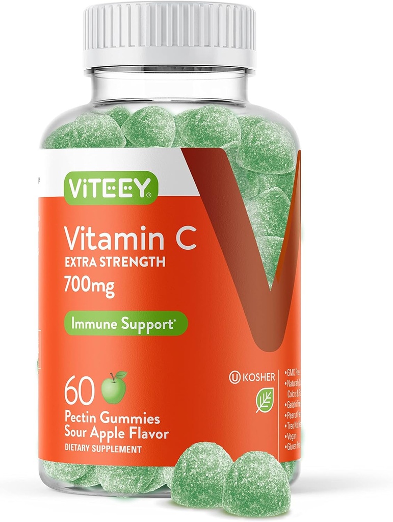 Viteey Chewable Vitamin C Gummies for Adults - 700mg Extra Strength Immune Support Supplement - Vegan, Gluten Free - 60 Count