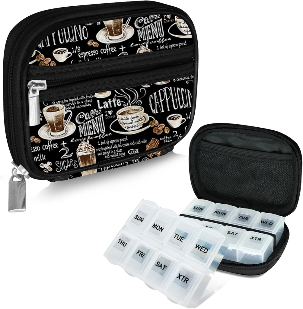 Serfeymi Weekly Travel Pill Organizer Pill Case voor Portemonnee met verwijderbare 7 dagen pil Box, Modieuze Travel Medicine Organizer Pill Container voor Geneeskunde, Vitamine, Supplement - Black 02 + pil Box