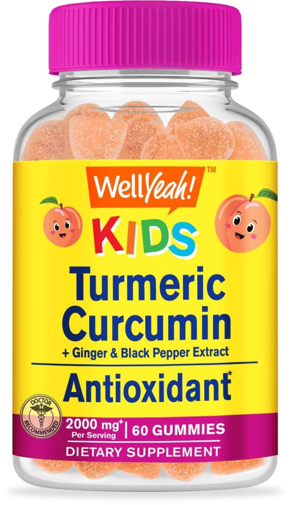 WellYeah Kurkuma Curcumin met zwarte peper Gummies voor kinderen - Natuurlijke Immune Ondersteuning, Gezamenlijke en Spier Gezondheid, Digestieve Gezondheid, en Hersenfunctie - Non-GMO, Veganist, Glutenvrije - 60 Tellen