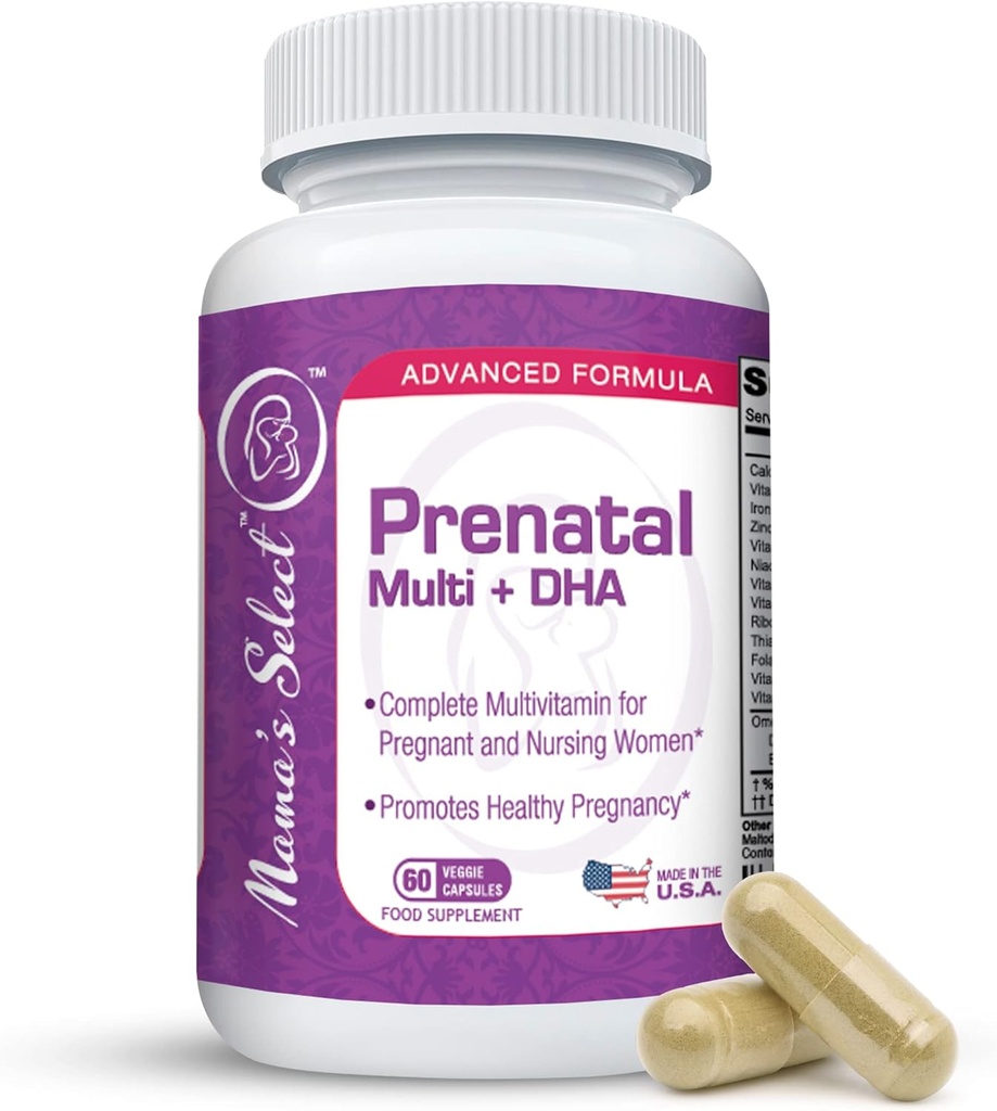 Mama's Select Prenatale Vitaminen voor vrouwen met ijzer, vitamine D, DHA en meer voor zwangere vrouwen, Methyl Folaat Veilig voor MTHFR - Voorzichtig op maag, 60 Veggie Capsules