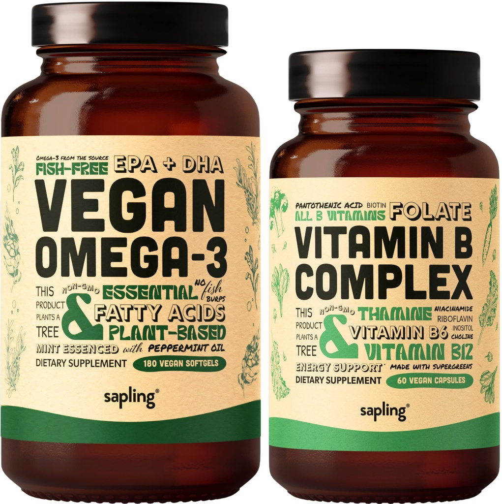 Vegan Omega 3 180 Softgels & Vegan Vitamin B Complex B Bundle - Plant-based DHA & EPA vetzuren, essentiële B vitamines met hele voeding Blend, B1, B2, B3, B5, B6, B7, Folaat
