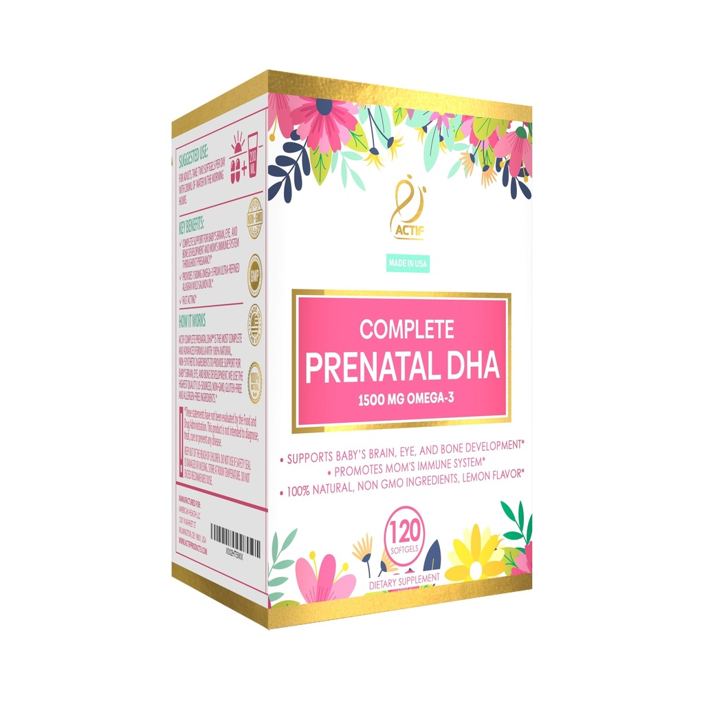 Actif Complete Prenatale DHA met 1500mg Omega-3, 100% Natuurlijke, Biologische DHA, EPA, Omega 3 - Non-GMO, 90 Gummies