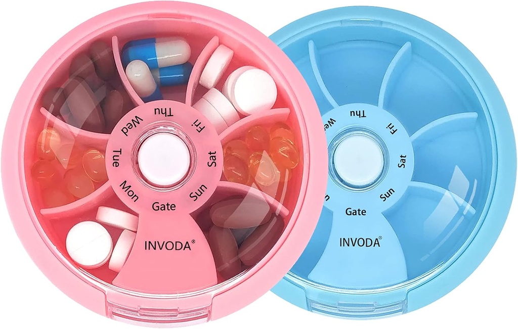 INFODA Weekly pil Organizer 7 Compartiment Rotating Pill Box voor dagelijkse medicatie & vitamines - Portable Travel Pill Case Visolie Supplementen Vitaminen Organisator (Roze + Blauw)