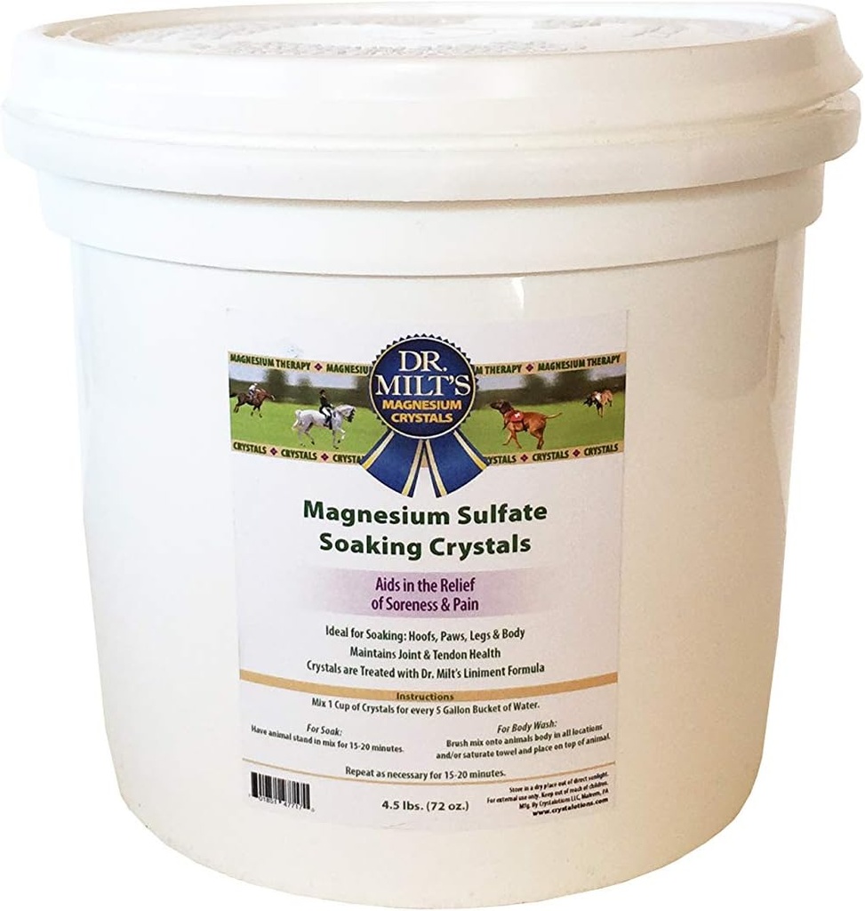 Dr. Milt's Horse Epsom Salt Magnesium Sulfate Crystals Geïnfundeerd met Arnica: hoef en lichaam weken voor Relief and Recovery. 1-4,5lbs Emmer