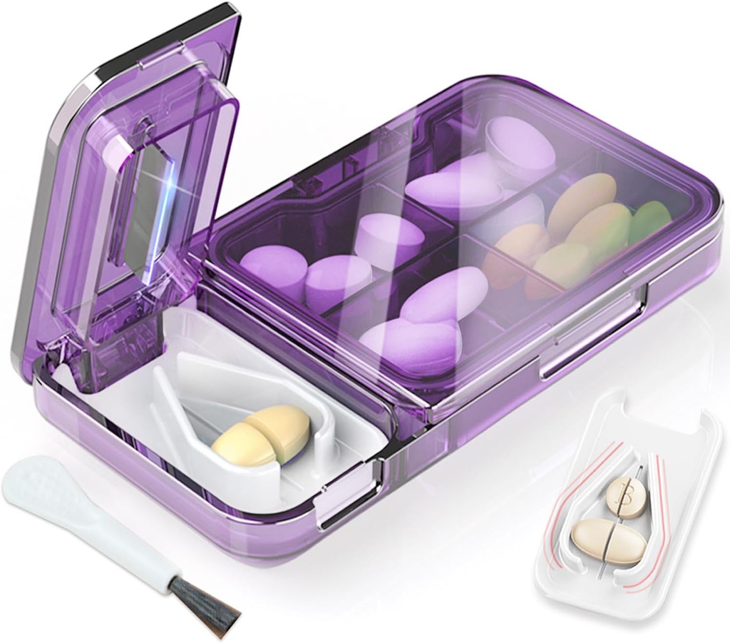 Pillensnijder Splitter voor kleine of kleine pillen. 2-in-1 Travel Pill Box & Pill Splitter - Grote Capaciteit 4 Compartments Pill Organizer - Detachable Nonslip V-Shaped Pad. Wrap-Around Blade Guard (Paars)