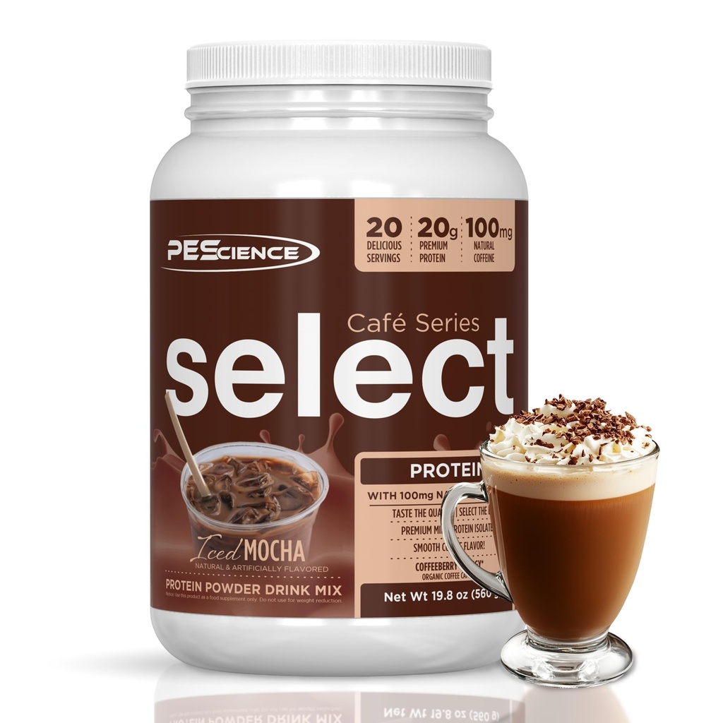 PEScience Select Cafe Proteïne Coffee Flavored Powder, Iced Mocha, 100mg Cafeïne, 20g Iced Proteïne Koffiepoeder of Creamer, 20 porties