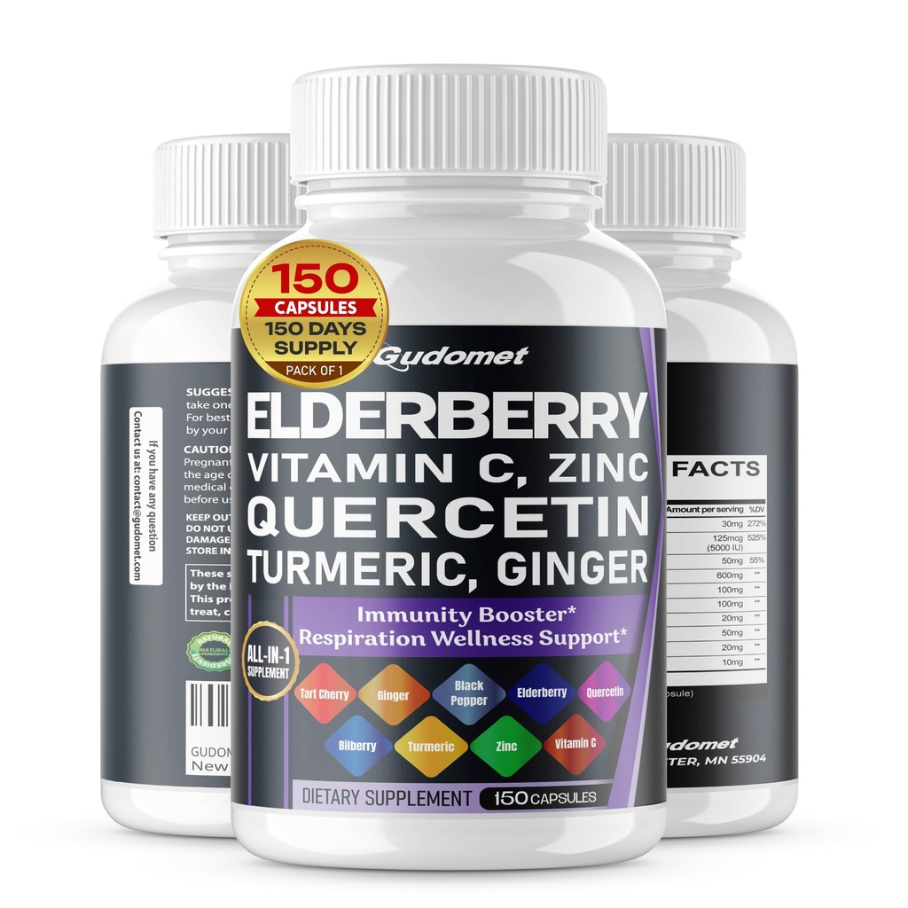 Vlierbessen Quercetin Blauwe bosbessen Kurkuma Tart Kerstgember Vitamine C Vitamine D3 Zink Black Pepper -150 Capsules- Made in USA