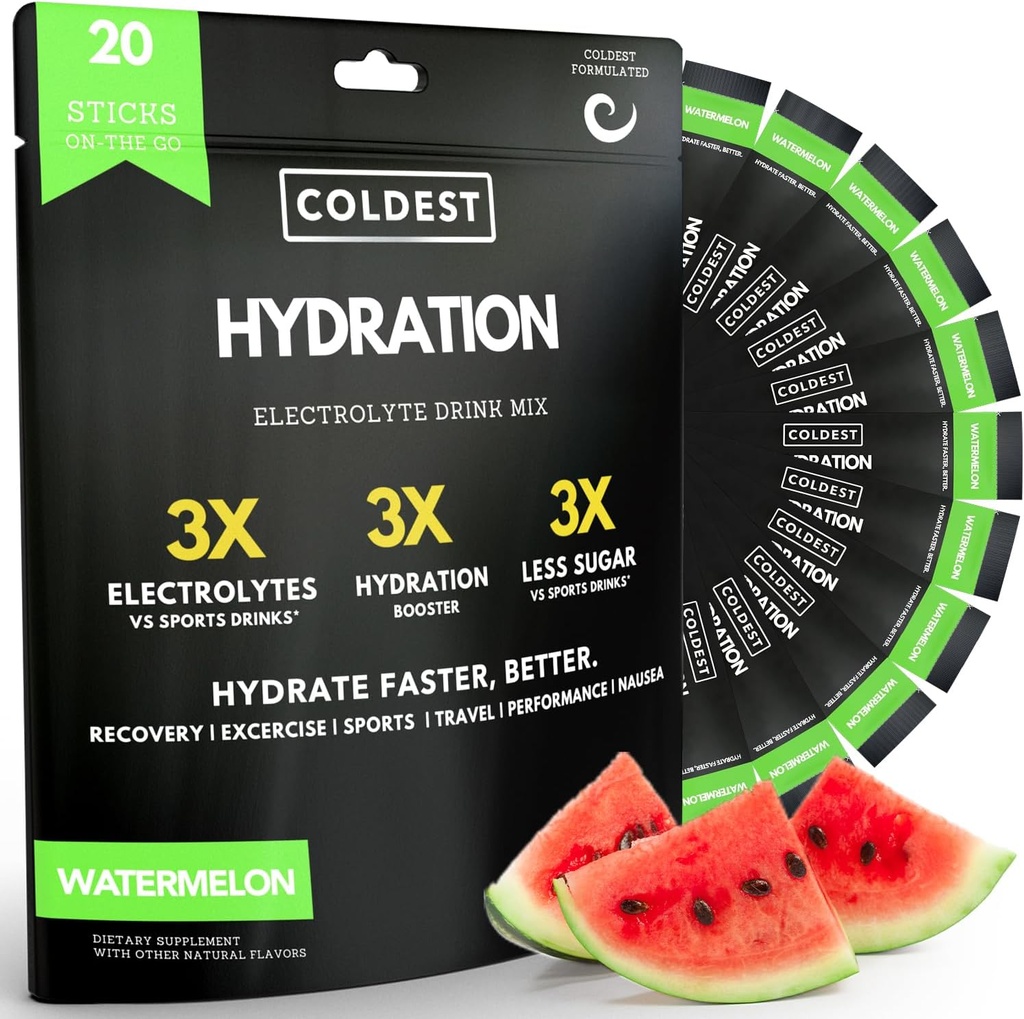 Koudste hydratatie - Elektrolyten Poeder Pakjes - Niet GGO & Geen kunstmatige suiker - Electrolyte Drink Mix - Gemakkelijk Open Enkel serverende Stick Drop in Water - 20 Sticks per Pack (Watermeloen)