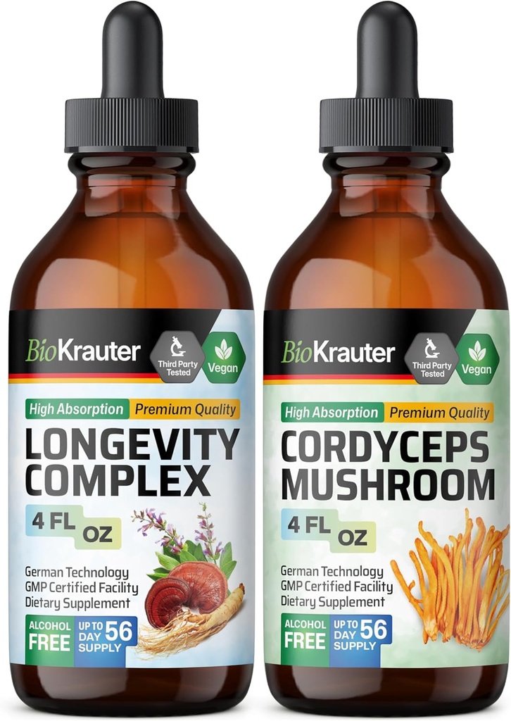 BIO Krauter Longevity Mushroom Tinctuur 4 Fl. Oz. & Cordyceps Mushroom Tinctuur 4 Fl. Oz.