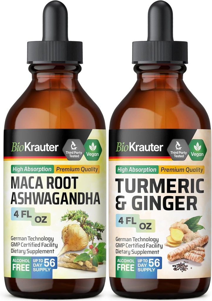 Maca Ashwagandha Tinctuur 4 Fl. Oz. & Turmeric Ginger Tinctuur 4 Fl. Oz.