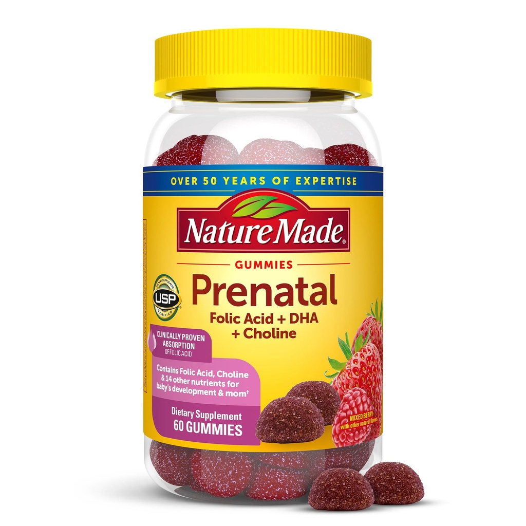 Natuur gemaakt prenatale Gummies met DHA en foliumzuur, prenatale vitamine en minerale supplement voor dagelijkse voedingsondersteuning, 60 Gummies, 30 dagen levering
