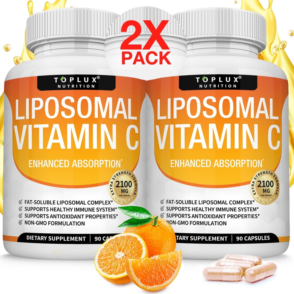 Liposomale vitamine C 2100mg Hoge absorptie Vetoplosbare VIT C - Immuunondersteuning Collageen Booster Immuniteitsverdediging & Krachtige Antioxidant, MCT-olie & Zonnebloemlecitijn, Acsorbinezuur, Vegan Non-GMO
