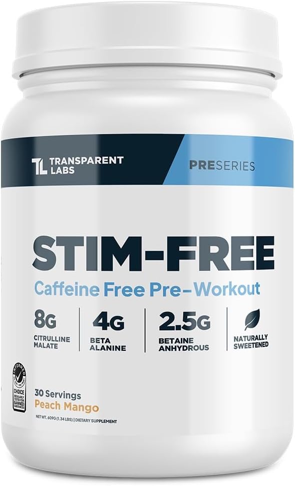 Transparante labs Stim-Free Pre-Workout - Cafeïne & Stim Gratis pre-workout poeder natuurlijk verzoet voor mannen en vrouwen met Beta Alanine poeder, Citrulline Malate, & elevATP - 30 porties, Peach Mango
