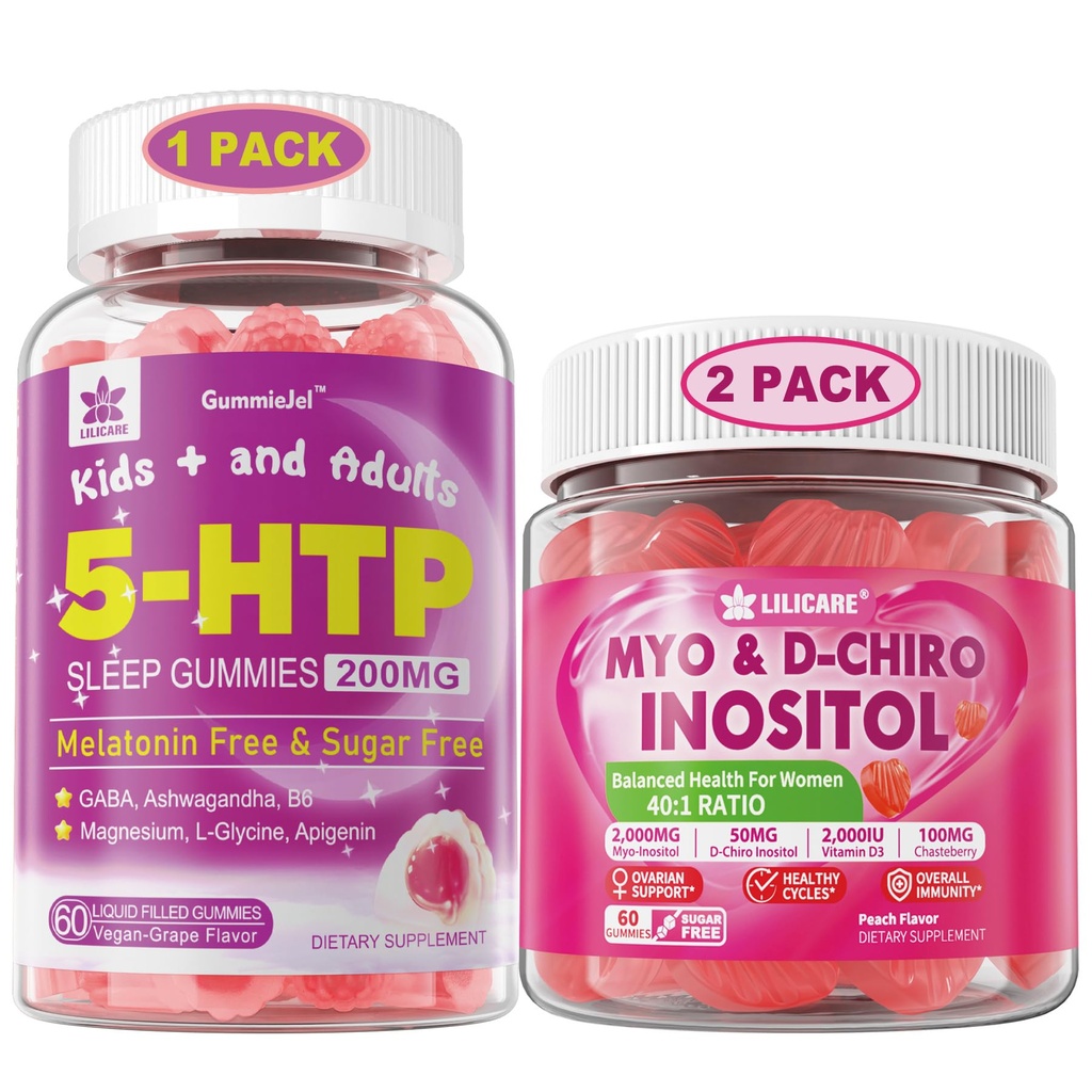 LILICARE bundel: 5HTP Gummies with Magnesium Glycinate - Melatonine Free Slaap Gummies for Adults & Kids 8+ & Inositol Gummies Ideaal 40:1 Ratio Myo & D-Chiro Inositol Supplement