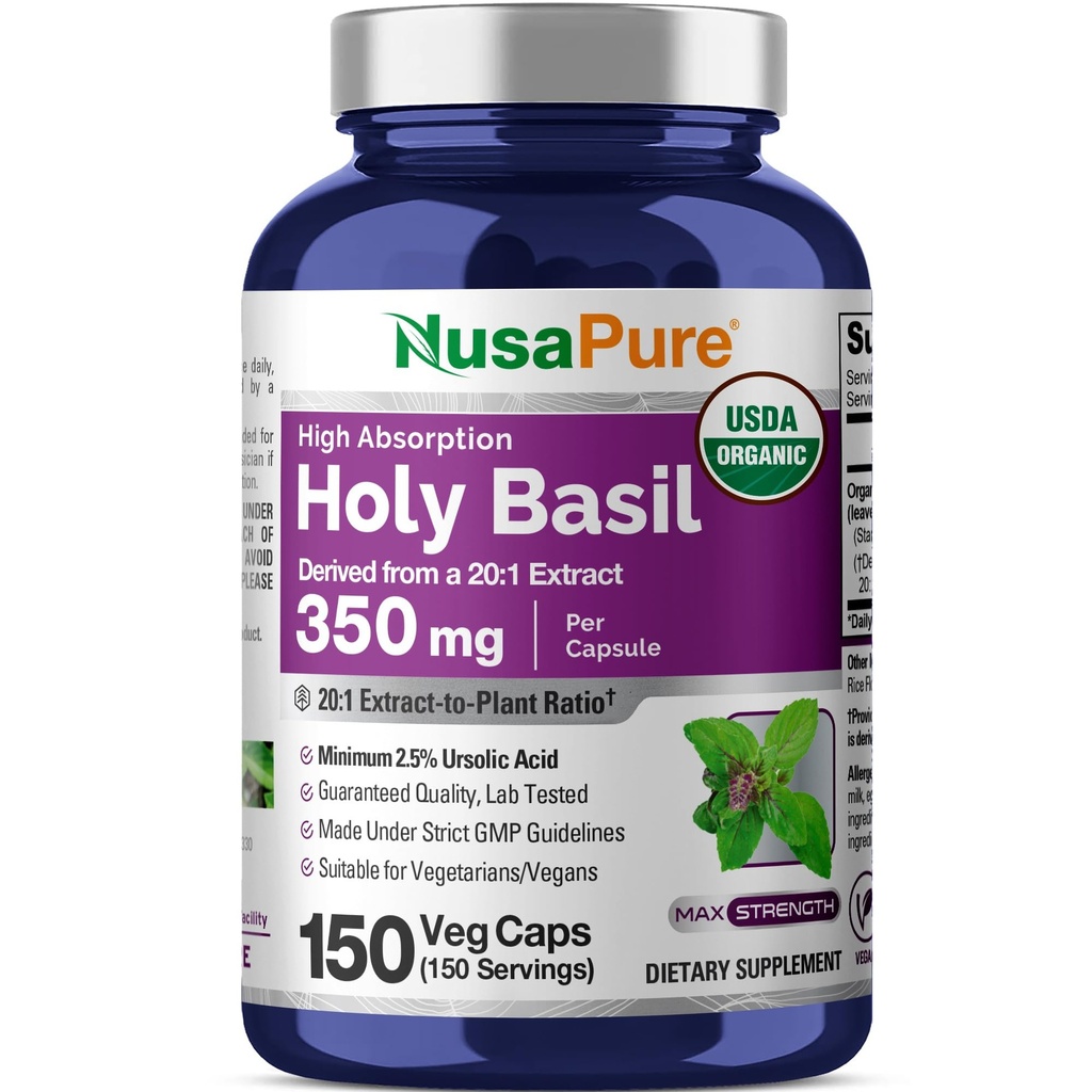 NusaPure USDA Organic Holy Basil Capsules 20:1 Extract, 350 mg Equivalent aan 7.000 mg 
