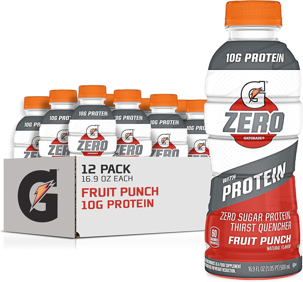 Gatorade Zero met eiwit, 10g Wei Proteïne Isolaat, Zero Sugar, Elektrolyten, Fruit Punch, 16,9 Fl Oz, 12 Pack