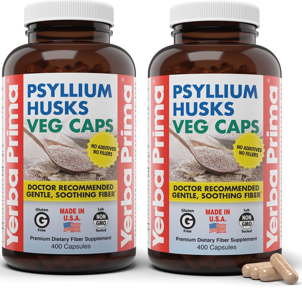 Yerba Prima Psyllium Husks Veg Caps, 400 Capsules (625mg) (Pack of 2) - Vegan, Non-GMO, Gluten Free, Colon Cleanser, Daily Fiber Supplement for Gut Health & Regularity