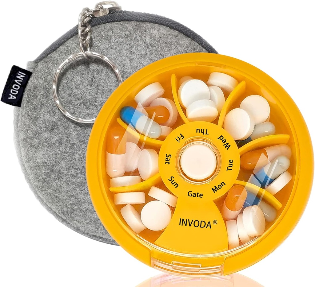 INFODA Weekly Pill Organizer 7 Compartiment Rotating Pill Box voor dagelijkse medicatie & vitamines - Portable Travel Pill Case Visolie Supplementen Vitaminen Organisator (Orange+Bag)