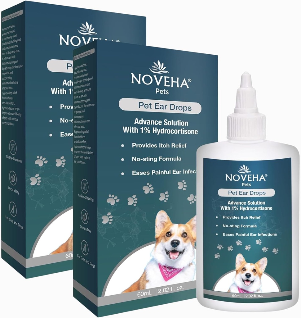 NOVEHA Pet Ear Drops with 1% Hydrocortisone | Ear Cleaner for Dogs & Cats for Earwax buildup, No-Sting Formula, Calms Itch & Reduces Painful Ear Infections 60mL (60ml (Pack of 2))