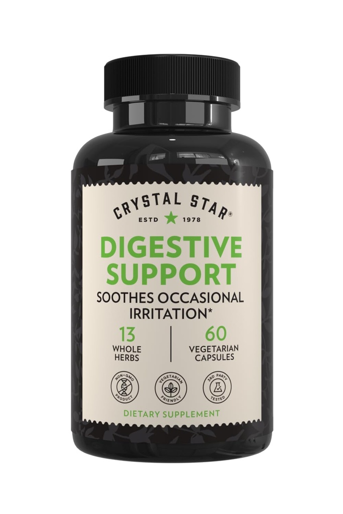 Crystal Star Digestive Support Supplement (60 capsules) - Herbal Gut Health Supplement dat helpt bij Occasional Gas & Bloating - Peppermint, Aloë Vera, Slippery Elm & Ginger