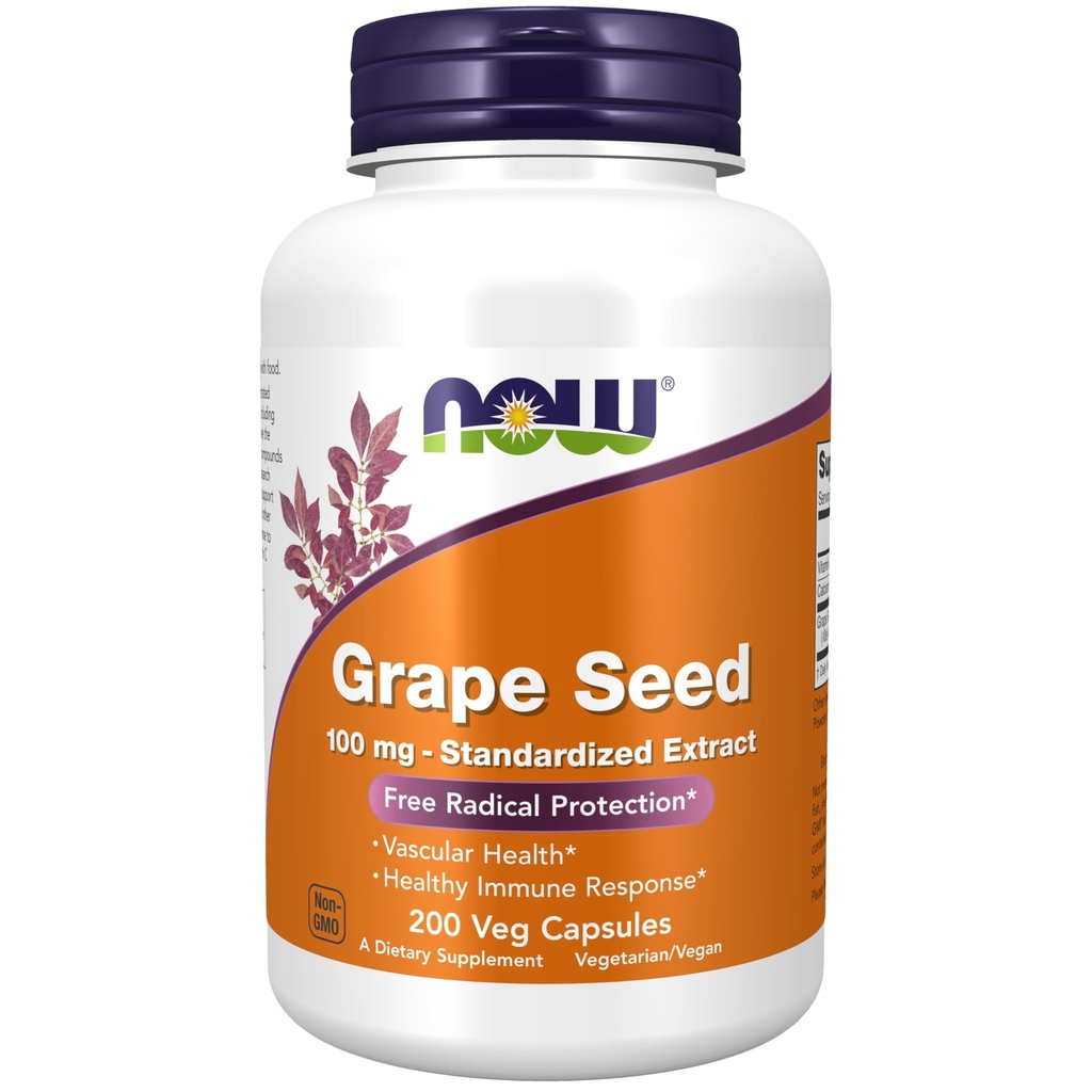 NOW Foods Supplements, Grape Seed 100 mg - Gestandaardiseerde Extract, Hoog geconcentreerd Extract met een minimum van 90% Polyfenolen, met vitamine C, 200 Veg Capsules