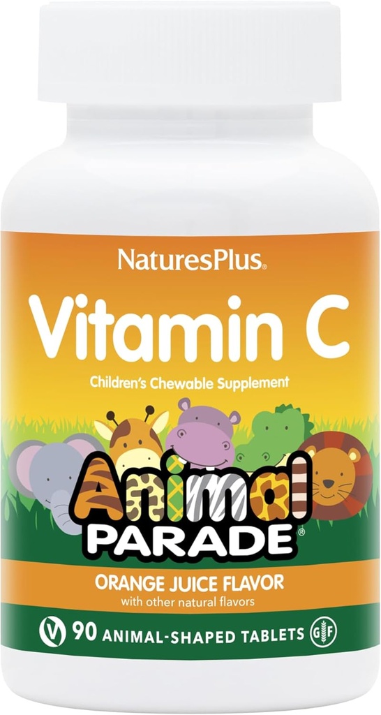 NaturesPlus Animal Parade Vitamine C Kinderen Kauwen - Natuurlijke Sinaasappelsap smaak - 90 Animal-Shaped tabletten, Verpakking van 4 - Veganistisch, Vegetarisch, Glutenvrij - 180 Totaal porties