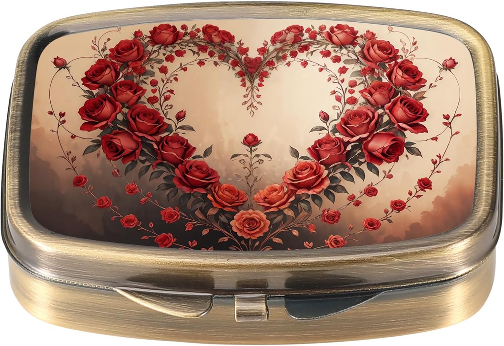 Dynippy Pill Case Pill Box met spiegel Retro Pocket 2 Compartment Medicine Case Vitamine Pill Organizer voor Pocket Purse en Reizen (Retro-Rose Heart Wreath)