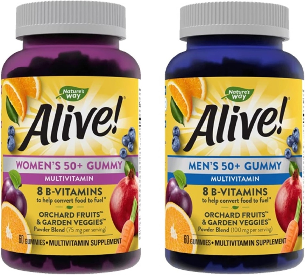 Nature's Way Alive! Vrouwen en mannen 50+ Gummy Multivitaminen, B-Vitaminen, Heerlijke smaken, 60 Gummies per fles