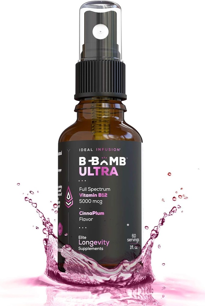 Ideal Infusion B-Bomb Triple B12 Vitamin Liquid Spray: Methylcobalamin, Adenosylcobalamin, Hydroxocobalamin - Nerve Health and Energy Booster- 5000 mcg, Keto, Sugar Free (Organic CinnaPlum)