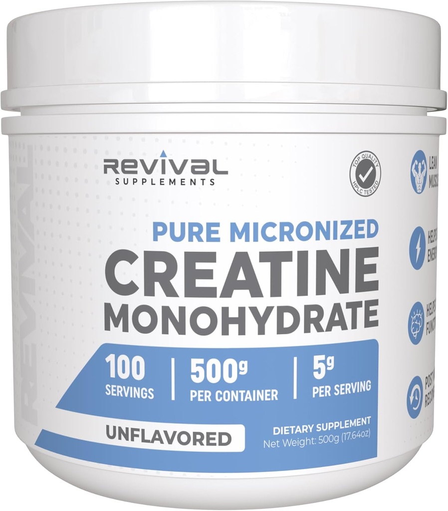 Revival Premium Micronized Creatine Monohydraat - HPLC getest 100% Pure Grade - 500g (100 Servings) - Ondersteunt Lean Muscle Growth - Maximale Absorptie - Ongearomatiseerd - Made in USA & 3rd Party Lab Tested