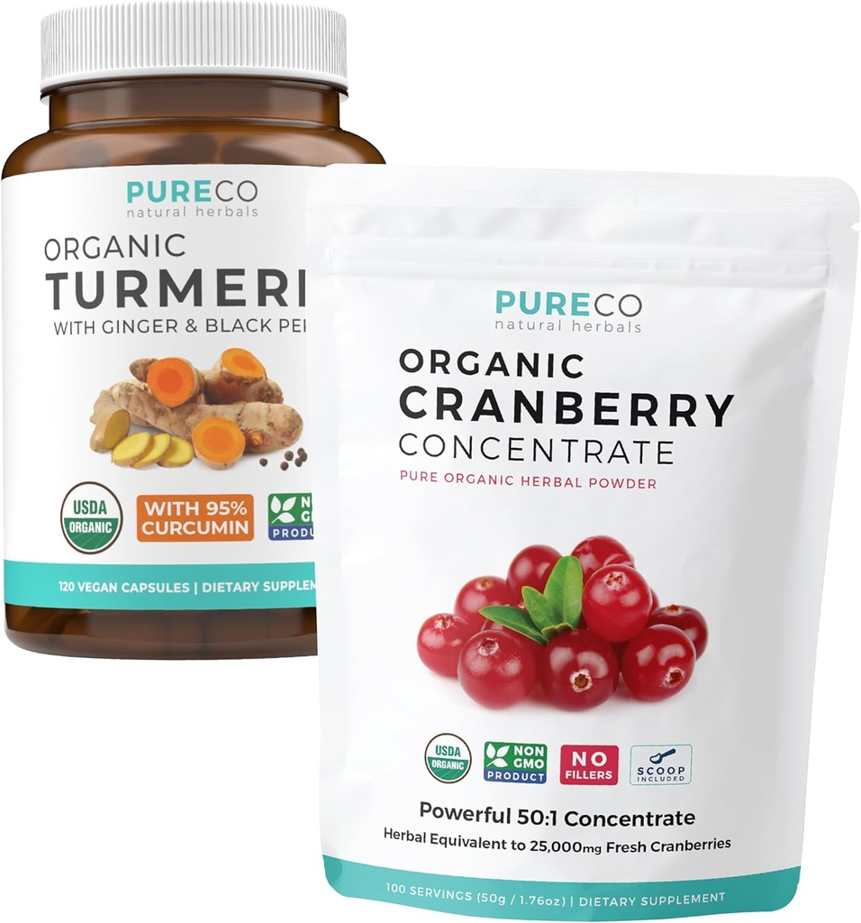 Kurkuma en Cranberry Poeder (3-maandvoorraad) Berry Kurkuma Blend Bundel van biologische Kurkuma Curcumine met zwarte peper & gember (120 capsules) & Biologische Cranberry Concentrate Powder Extract (100 scoop)
