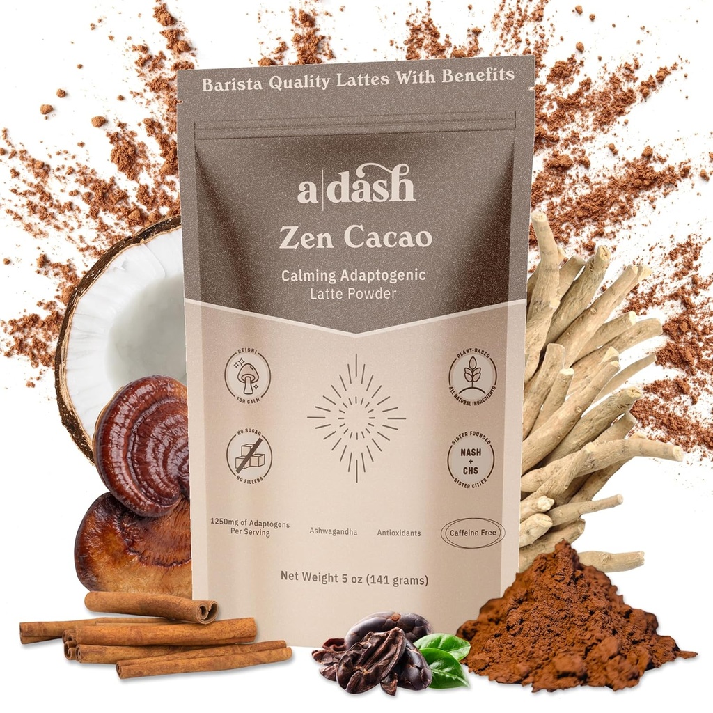 A Dash Zen Cacao Latte, Chocolate Mushroom Coffee Alternative Made with Adaptogens, Ashwagandha, & Cinnamon Root Extract, Mushroom Hot Coco with No Caffeine (20 Servings)