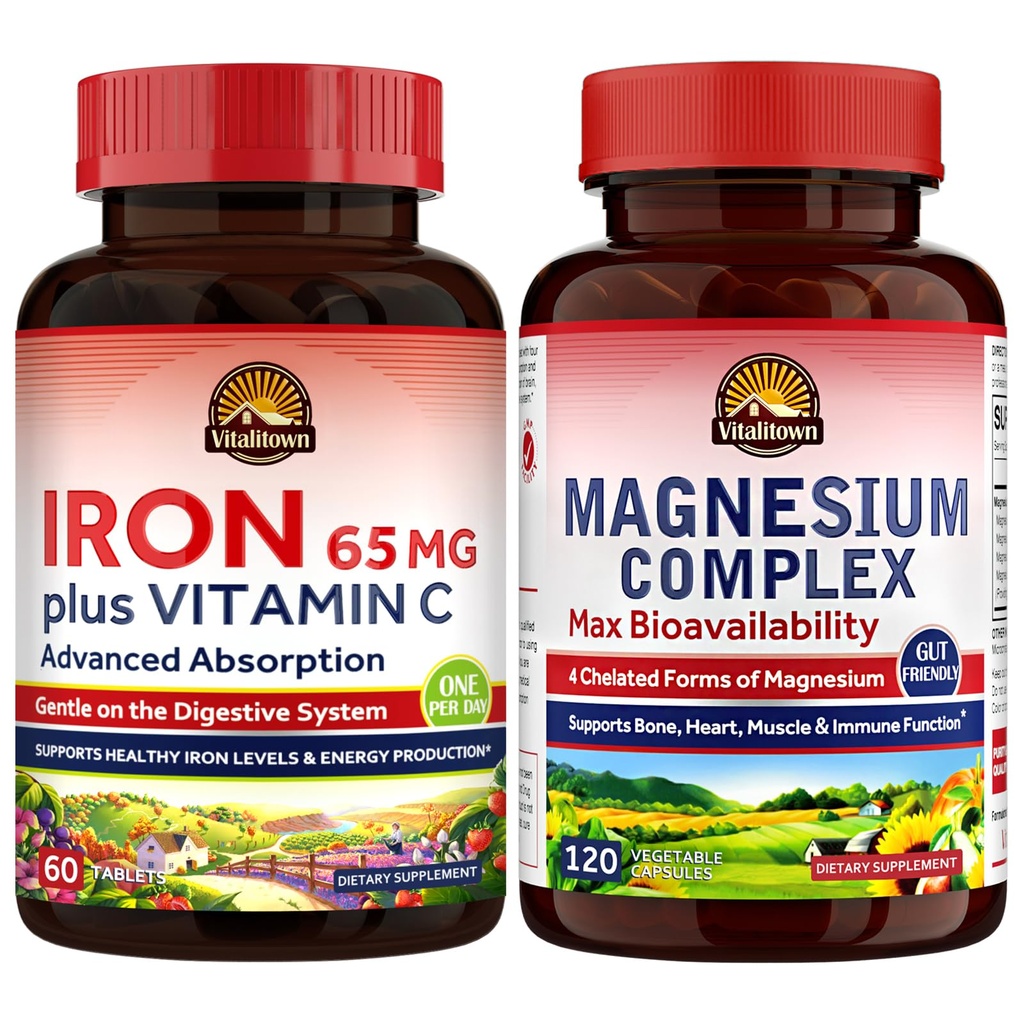 Vitalitown Magnesium Complex Supplement 500mg & 65mg IJzersupplement voor vrouwen Mannen, voor slaap, spier, bloedopbouw en energieverbetering