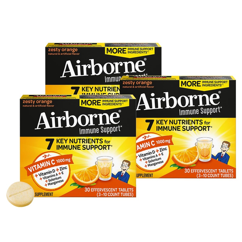 Airborne 1000mg Vitamin C + Zinc Sugar Free Multivitamin Immune Support Effervescent Fizzy Drink Tablets, Zesty Orange Flavor with Powerful Antioxidants Vitamins A C & E, 30 Tablets (3 Pack)