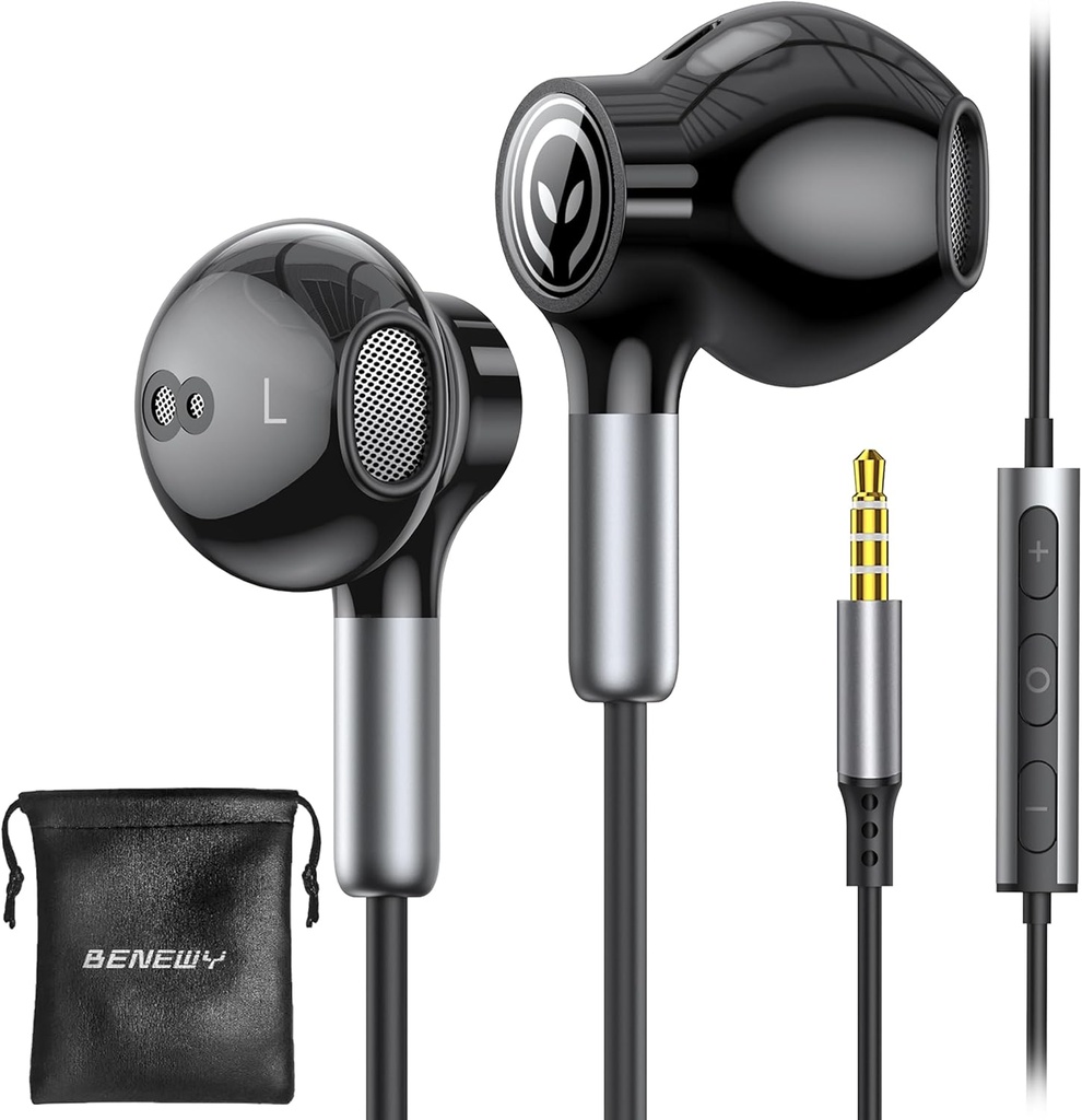 BENEWY bedrade oordopjes met microfoon, bedrade oortelefoons in-ear hoofdtelefoons, volumeregeling, krachtige bas en duidelijke audio, 3,5mm Jack oordopjes voor iPhone, iPad, laptop, computer, MP3
