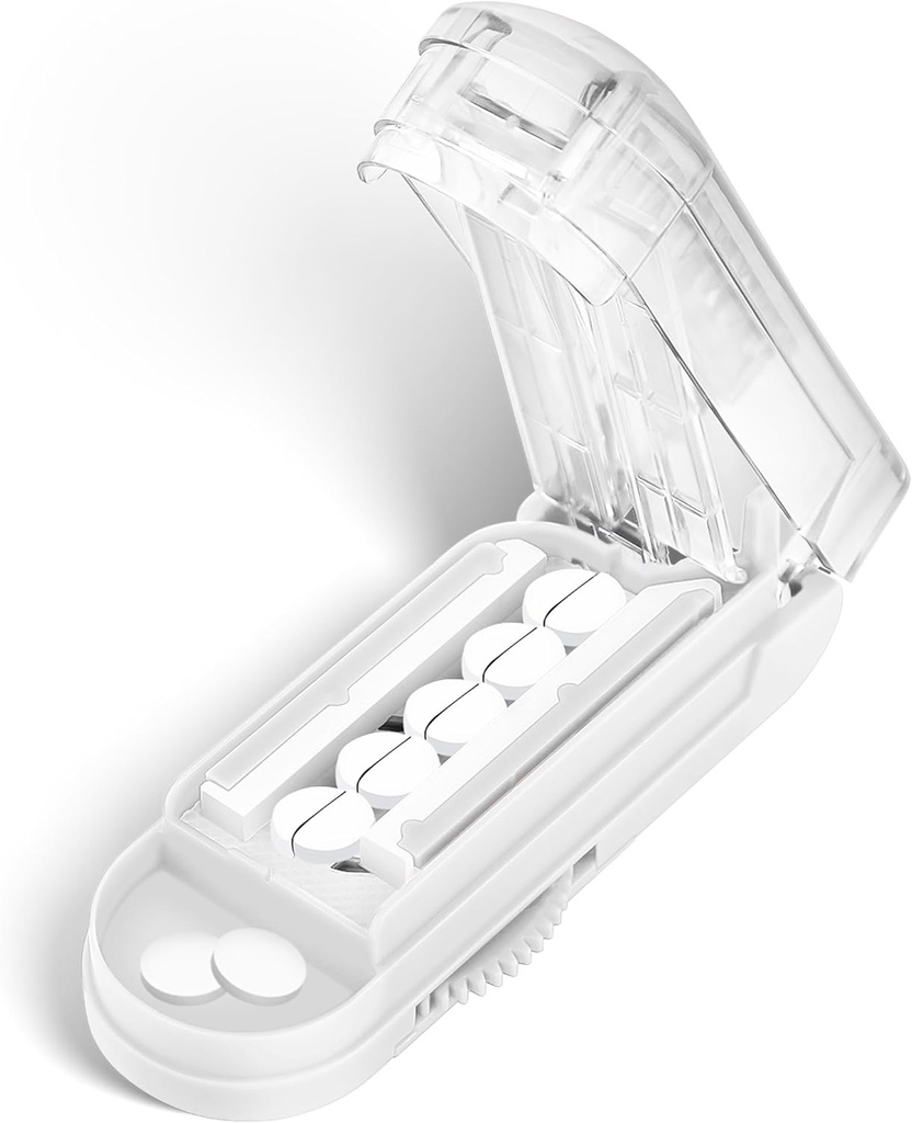 DUBSTAR Pill Cutter Splitter voor kleine en kleine pillen, meerdere pil snijders voor kleine of grote pillen, verstelbare pil splitter met centrerend apparaat en bladbeschermer voor Multi Tablets (helder wit)