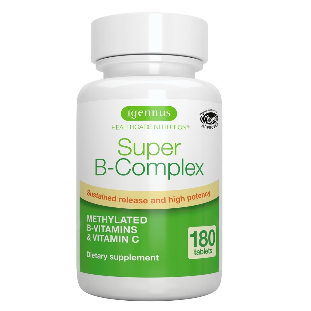 Igennus Super B-complex-gemethyleerde B-vitaminen - Sustained Release, Clean Label & High Absorptie, with 5-MTHF Folate & Methyl B12, Energy, Mood & Cognitive Performance, Lab Verified, 180 Small Tablets