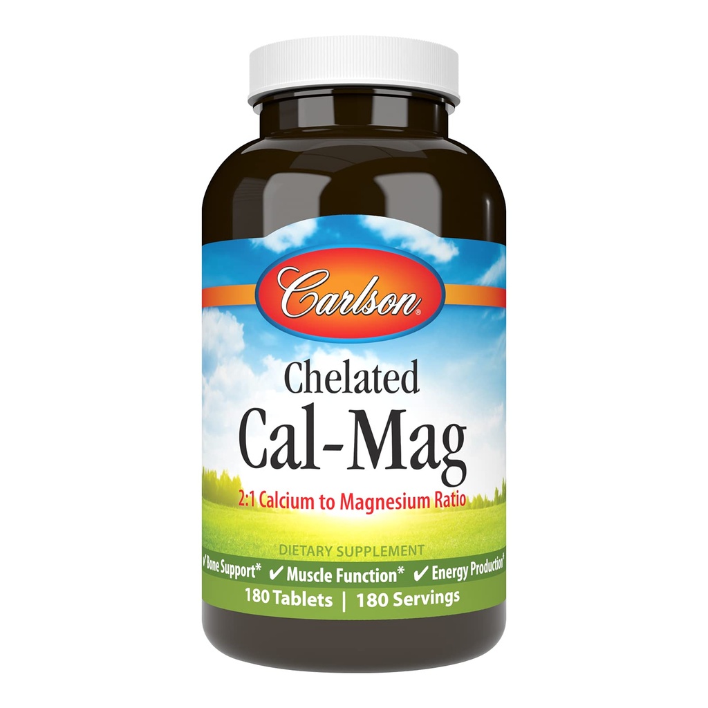 Carlson - chelated Cal-Mag, 2:1 Calcium tot Magnesium Ratio, botondersteuning, spierfunctie en energieproductie, 180 tabletten
