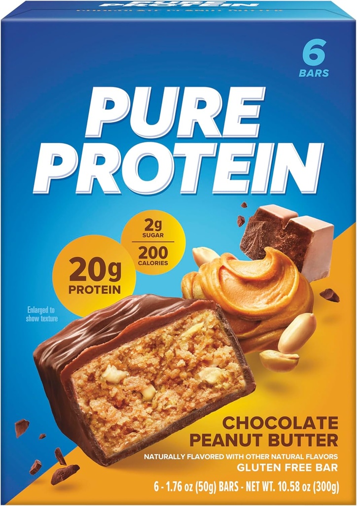 Pure proteïnerepen, hoog eiwit, voedzame snacks ter ondersteuning van energie, lage suiker, glutenvrij, chocolade Pindakaas, 1,76 Oz (verpakking van 6)
