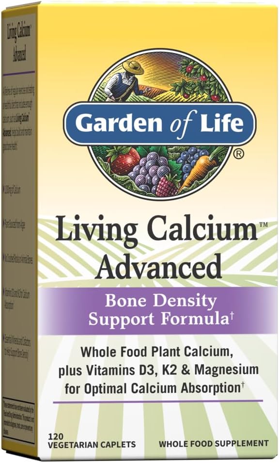 Garden of Life Living Calcium Advanced Bone Density Support Formula, 1000mg Whole Food Plant Calcium Plus Vitaminen D3, K1 en Magnesium voor Absorptie, 120 Vegetarische Caplets