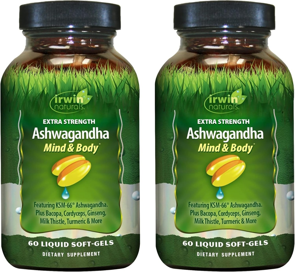 Irwin Naturals Extra Strength Ashwagandha - 60 Liquid Soft-Gels - helpt fysieke en geestelijke prestaties te versterken - met Tumerische en melkdistel - 60 porties