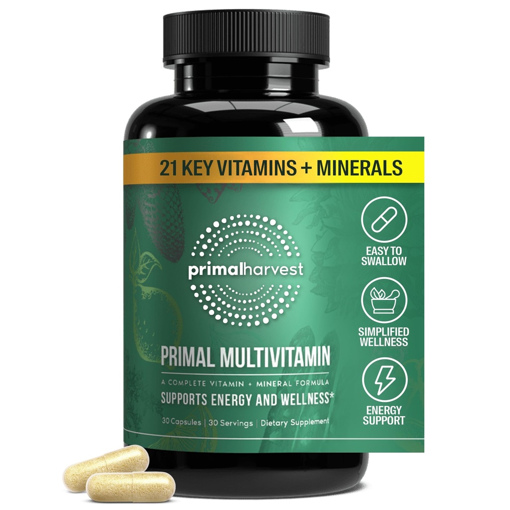 Primaire oogst primaire multivitamine - Dagelijkse multi-vitaminesupplement met 21 essentiële vitamines en mineralen voor vrouwen en mannen - vitamine A, C, D, E, B12, B6, biotine, foliumzuur, zink, koper en selenium
