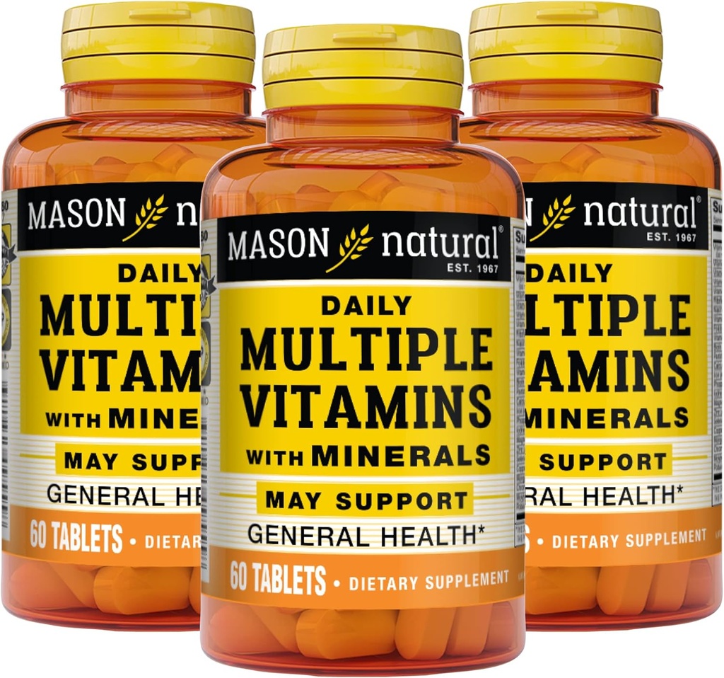 MASON NATUURLIJKE Dagelijkse Meerdere Vitaminen met Mineralen - 24 Essentiële Vitaminen en Mineralen, Alles in één Multivitamine, Ondersteunt Algemene Gezondheid, 60 Tablets (pakket van 3)