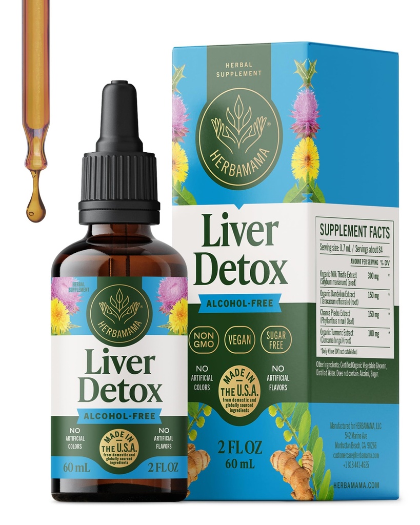HERBAMAMA Lever Reiniging Detox & Reparatie - Lever Ondersteuning Supplement - Liquid Drops with Milk Thistle, Dandelion Root & Chanca Piedra - Alcohol & Sugar-Free Liquid Cleanse Supplement, 42-Day Supply