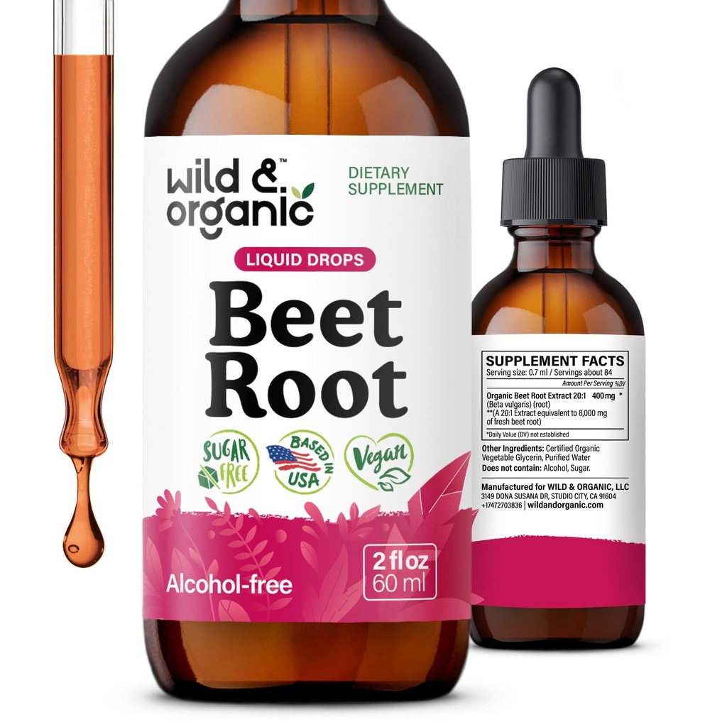 Wild & Organic Beet Root Tinctuur - 8000 mg Verse bieten Extract Equivalent - Liquid Beet Root Supplements for Men & Women - 400 mg per Serving - Vegan, Alcohol & Sugar-Free - 2 fl