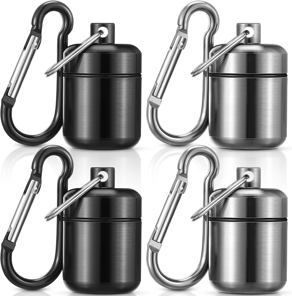 Hicarer 4 Pack Ear Plug Carrying Case Portable Pill Holder Case Waterdichte metalen kleine pil Container Carrier voor oordoppen en sieraden houder(Zwart, grijs)